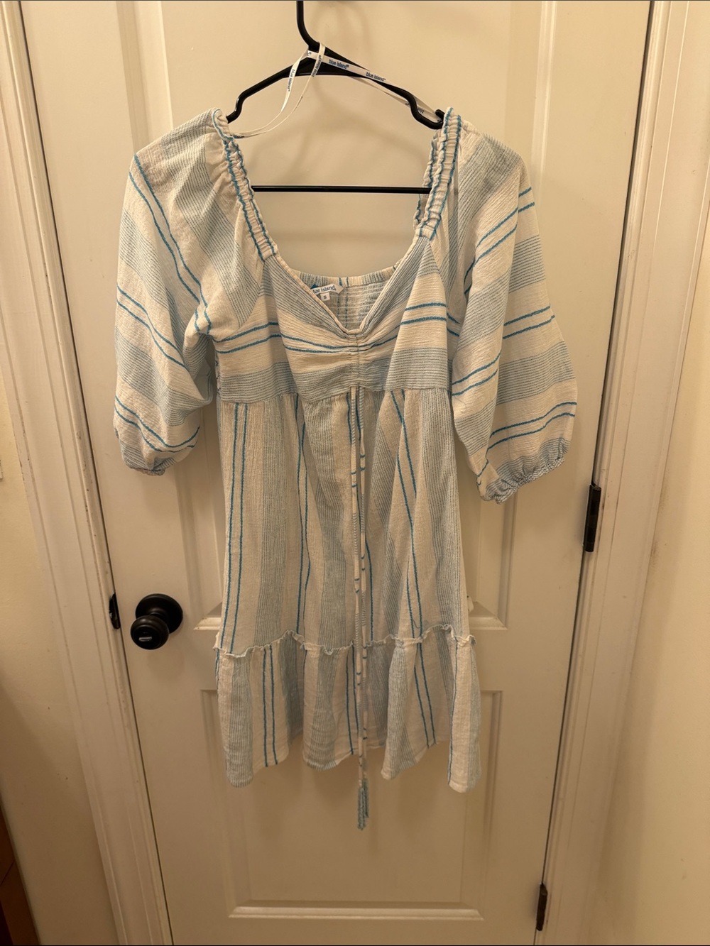 blue island Light Blue and White Striped Midi Peasant Dress